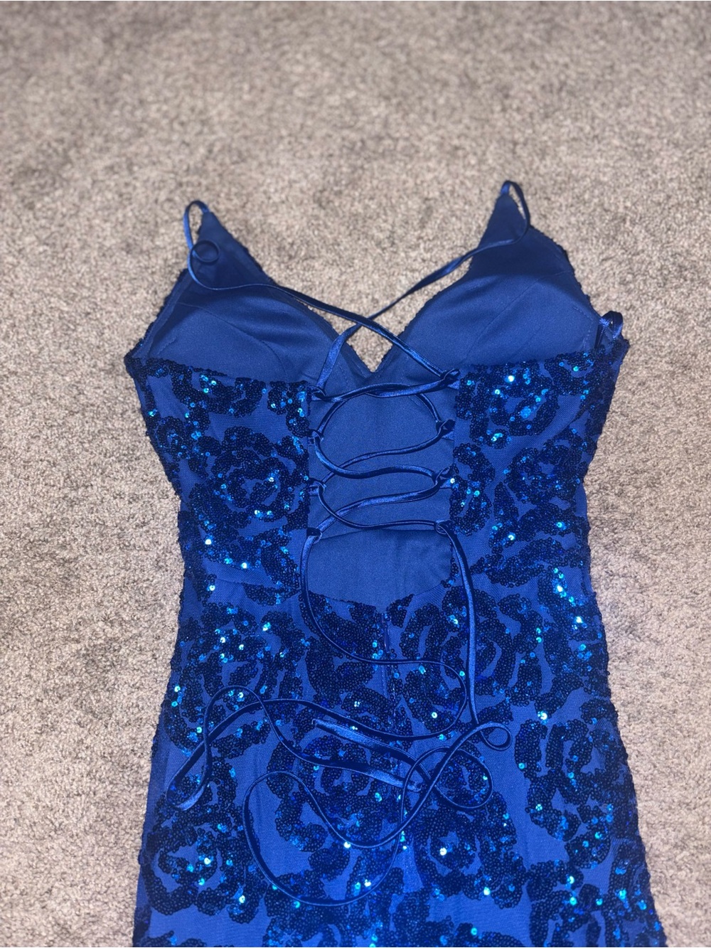 Von Maur Royal Blue prom dress with built-in bra, leg slit, and cross back - Picture 4 of 6